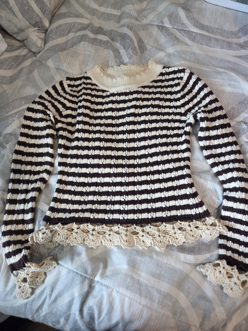 bohme Cream and Brown Striped Crochet-Trim Crewneck Sweater - Picture 2 of 3